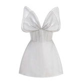 White Color Women Sleeveless Sexy V-Neck A-Line Mini Dress Fashion Birthday Party Celebrate Girls' Vacation Outfit